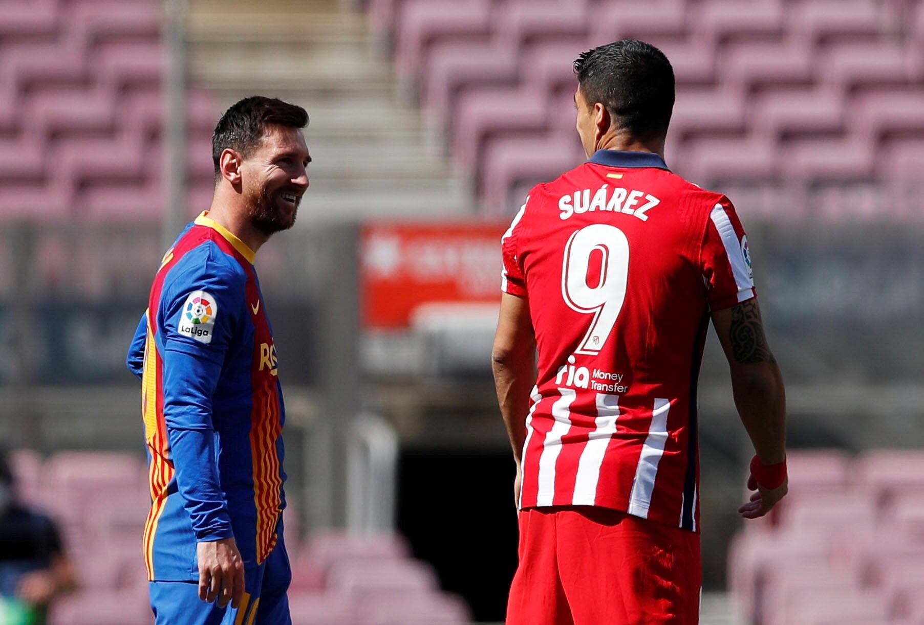 Lionel Messi y Luis Suárez en la previa del Barcelona-Atlético de Madrid.