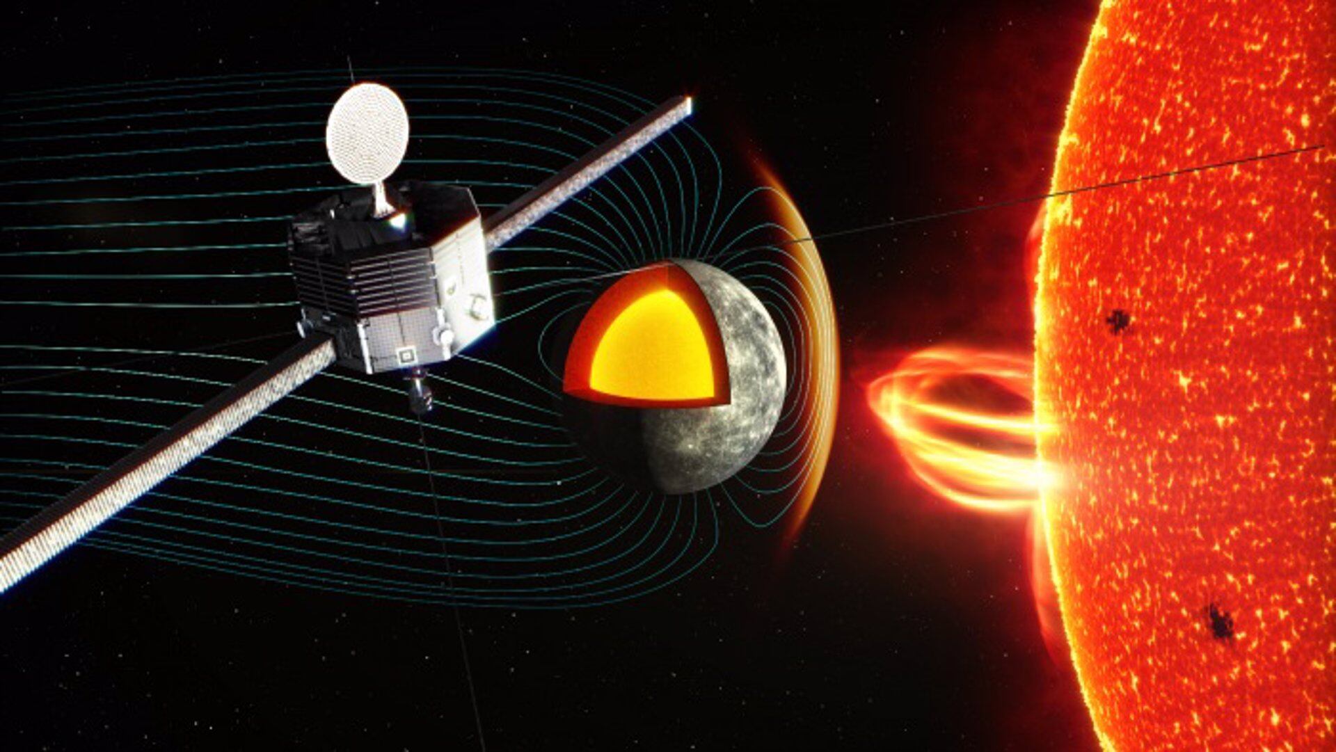 lustración del orbitador BepiColombo MIO observando el entorno de plasma cerca de la superficie de Mercurio. Foto: Gentileza / JAXA