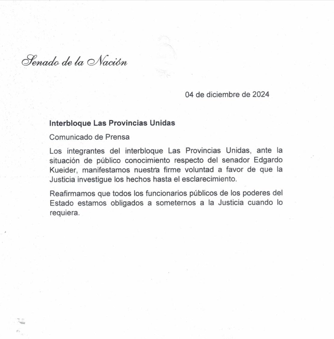 El comunicado del bloque Provincias Unidas.