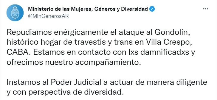 Twitter Ministerio de las Mujeres, Géneros y Diversidad