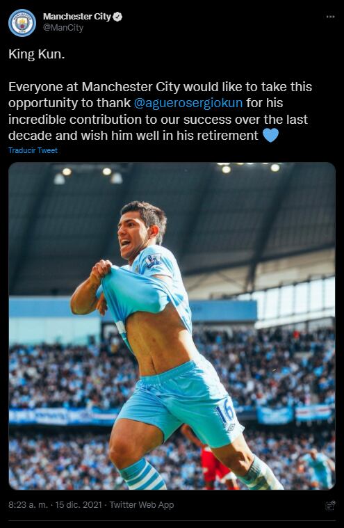 Saludo del Manchester City: "Todos en el Manchester City quisieran aprovechar esta oportunidad para agradecer a @aguerosergiokun su increíble contribución a nuestro éxito durante la última década y desearle lo mejor en su retiro"