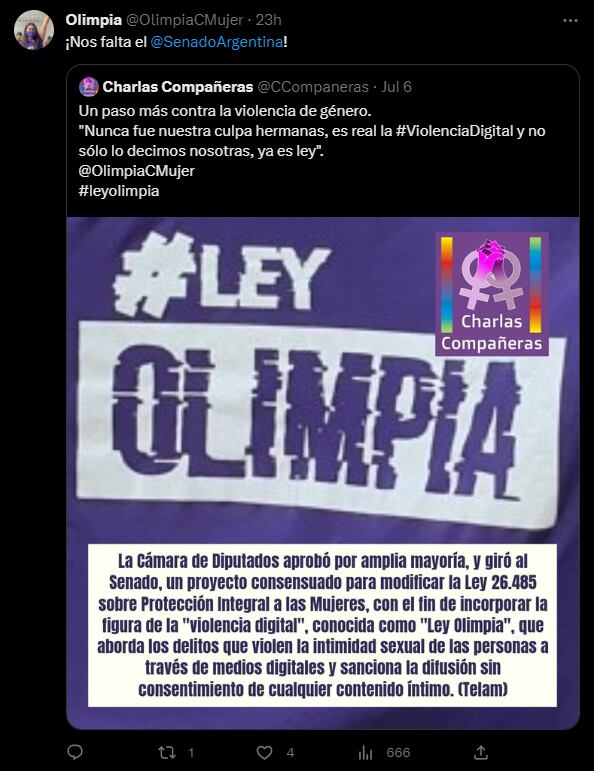 El posteo de la organización tras la aprobación. Foto: Twitter / @OlimpiaCMujer