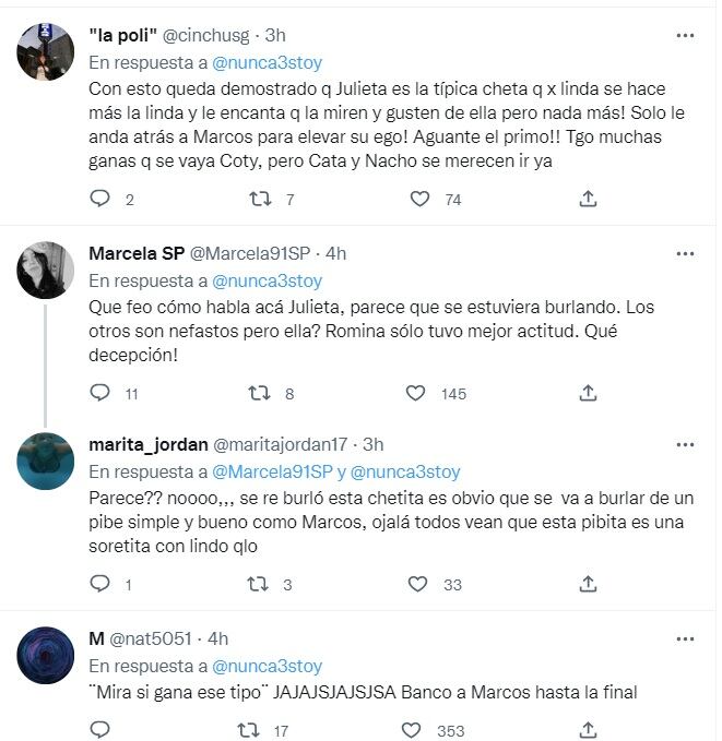 Críticas en redes sociales a las burlas de Nacho y Julieta dirigidas a Marcos de Gran Hermano (Twitter)