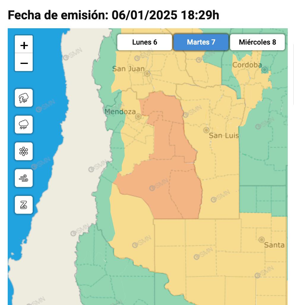 Alerta por calor intenso y tormentas fuertes en Mendoza para este martes 7 de enero. Fuente: SMN