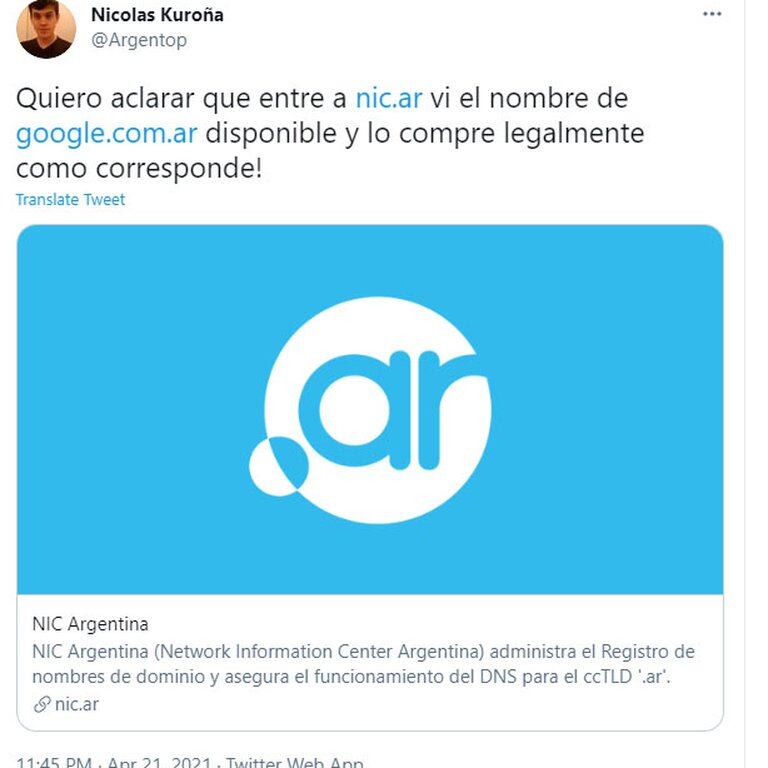 Se cayó la web de Google Argentina y un tuitero asegura que la compró por un descuido del buscador