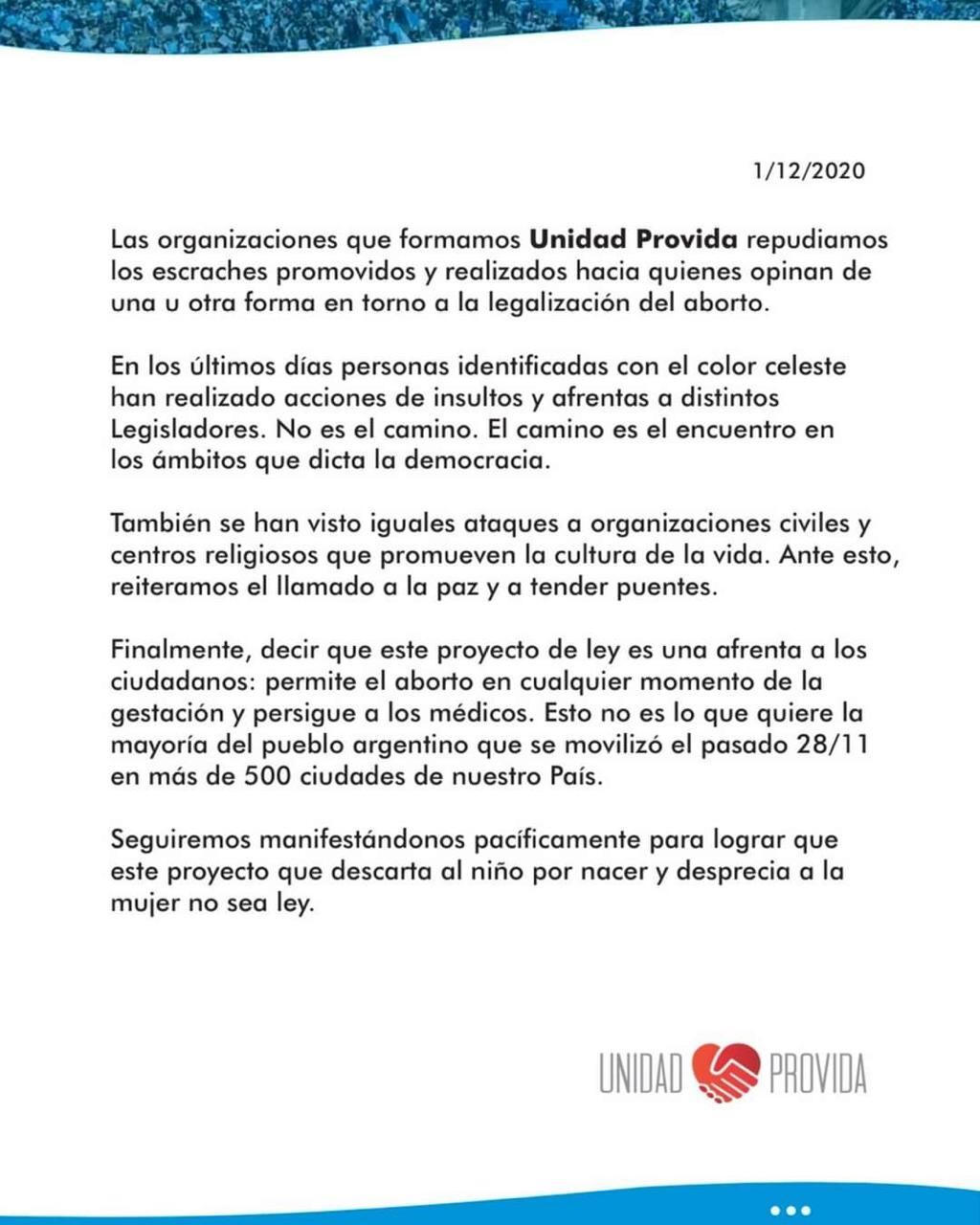 El comunicado oficial Unidad Provida.