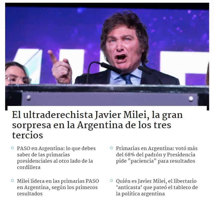 Medios internacionales reaccionaron al triunfo de Javier Milei en las elecciones PASO 2023 (Biobío, Chile)