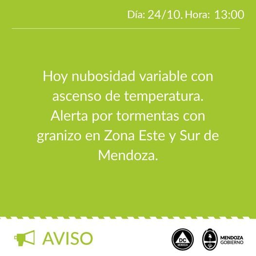 Alerta de Defensa Civil por tormentas y granizo.