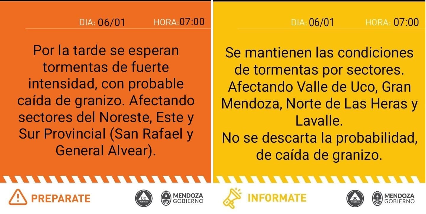 Alertas de Defensa Civil por tormentas con granizo en Mendoza (06/01/25)