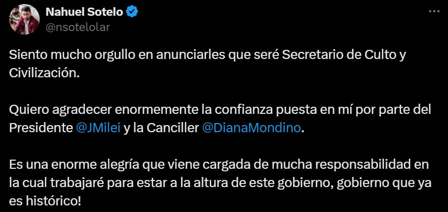 Comunicado de Nahuel Sotelo anunciando su nueva función en el Gobierno de Milei. Captura: X / @nsotelolar