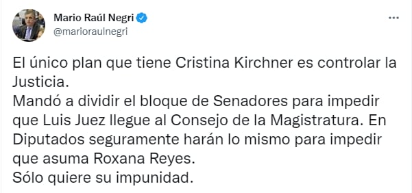 El diputado nacional Mario Negri blanqueó lo que para él es la ruptura del bloque del Frente de Todos.