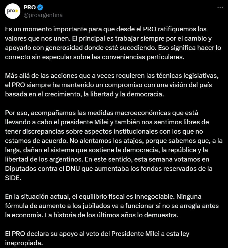 El comunicado del PRO. Captura: X / @proargentina