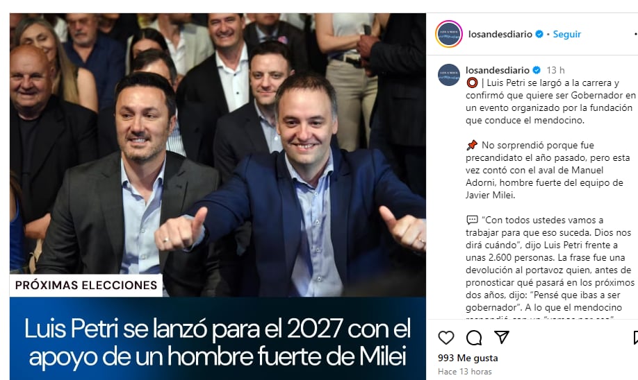 La publicación en Instagram de Los Andes sobre el lanzamiento de Petri disparó varias críticas y algunos elogios. Foto: Captura.