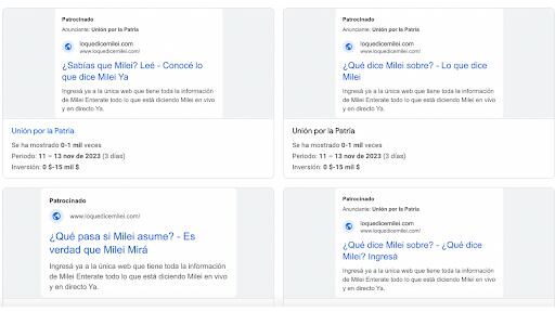 Algunos ejemplos de los anuncios pagos por “Unión por la Patria” del sitio web loquedicemilei.com. Foto: Reverso