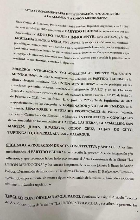 El acta del Partido Federal para formar parte de La Unión Mendocina.