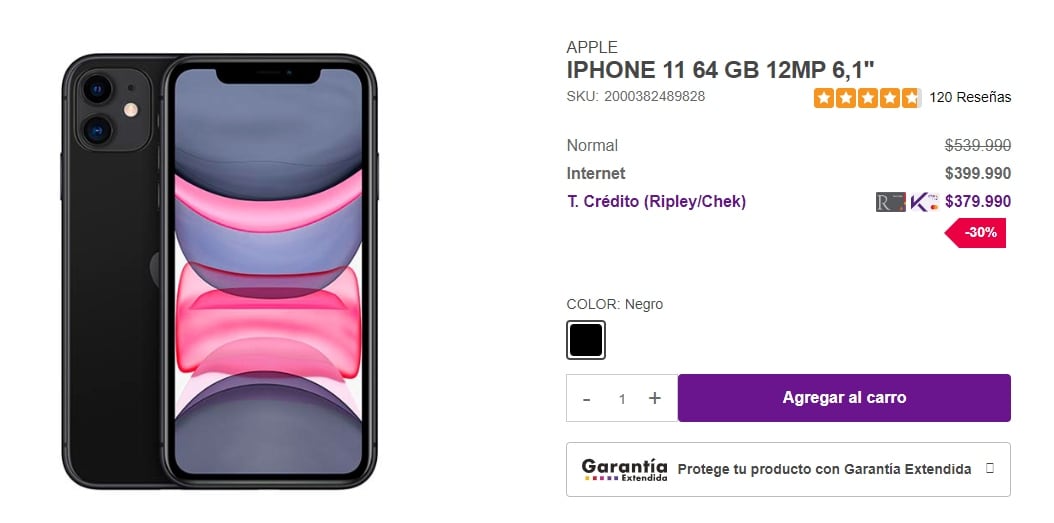 Con una rebaja del 30%, el teléfono celular queda en un precio de $379.990 chilenos.