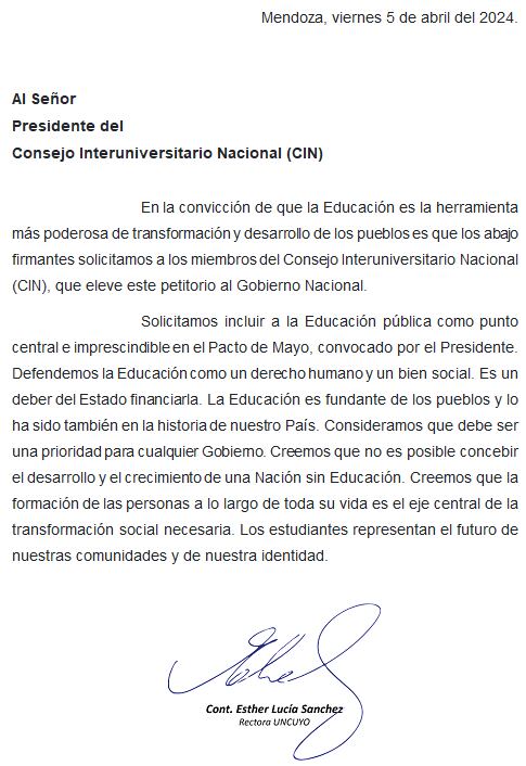 Parte del petitorio encabezado por la UNCUYO al Consejo Interuniversitario Nacional (CIN).