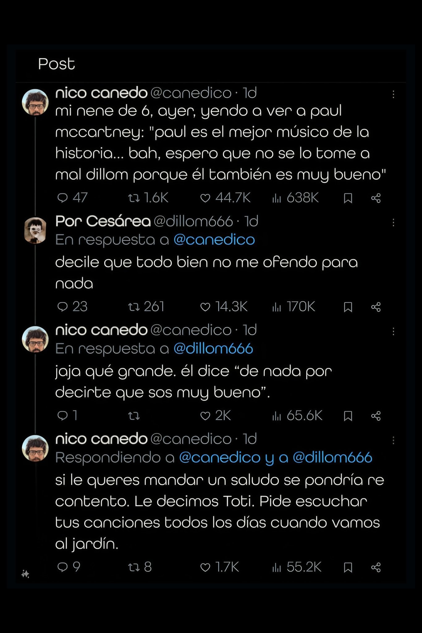 La respuesta de Dillom a un niño que lo comparó con Paul McCartney. Captura: X