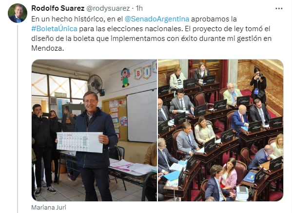 El ex gobernador Rodolfo Suárez recordó la implementación de la boleta única en Mendoza, impulsada en su gestión. Foto: X @rodysuarez