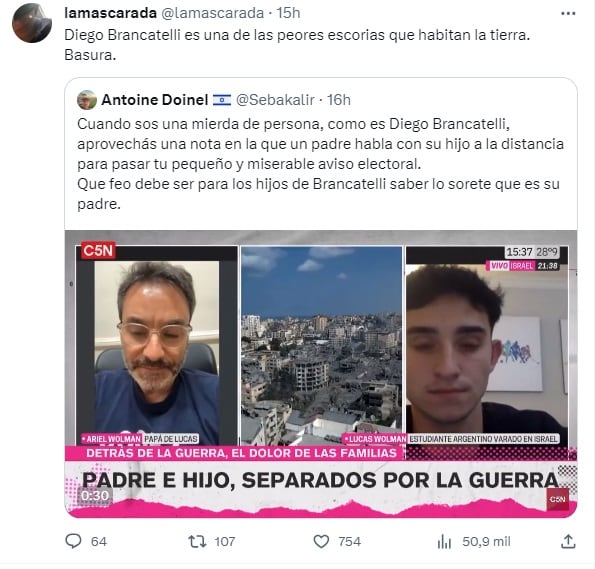 Diego Brancatelli quiso hacer campaña para Massa con los argentinos varados en Israel y lo ubicaron (X)