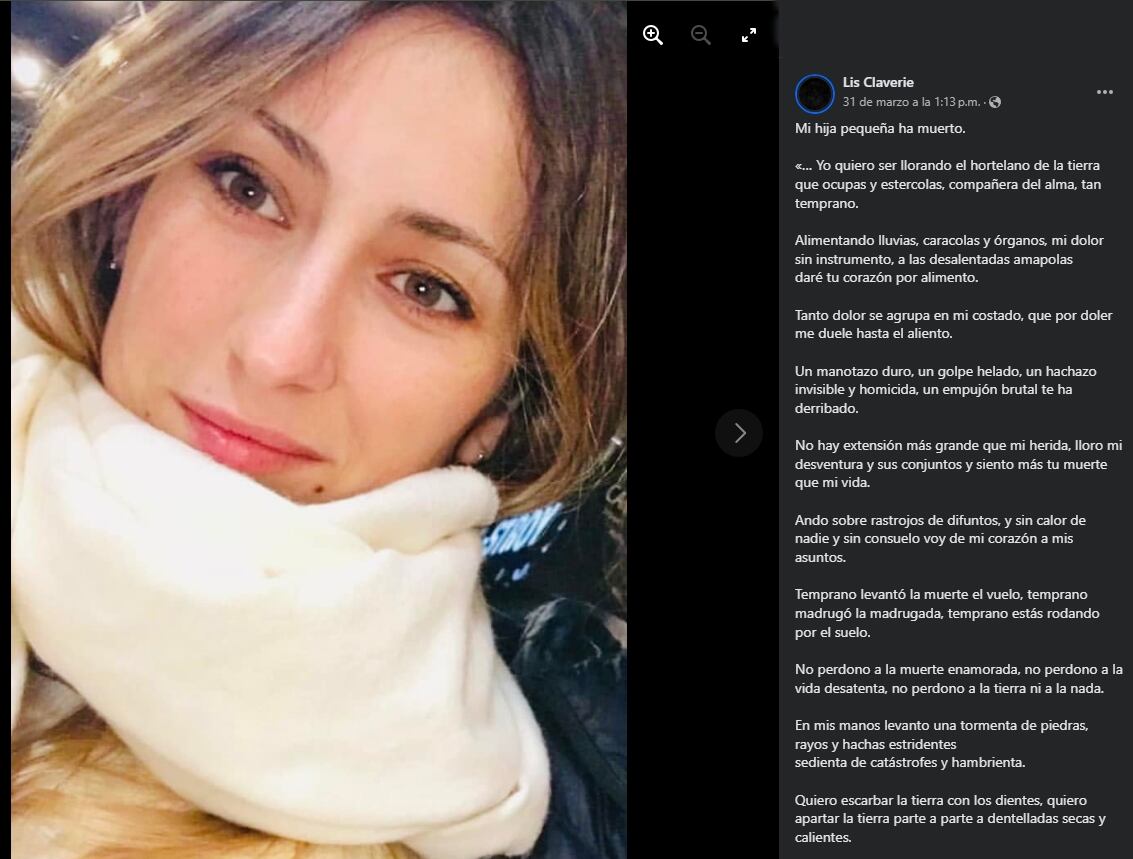 El desolador mensaje que compartió la madre de María Victoria, Lis Claverie, en sus redes sociales. Foto: Facebook / Lis Claverie