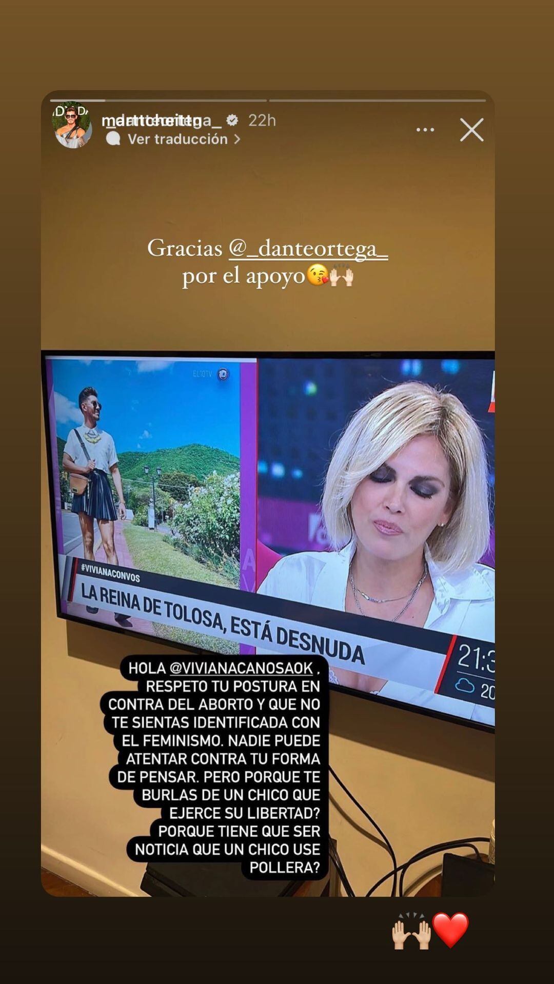 Dante Ortega no pudo quedarse callado al escuchar a Viviana Canosa criticando a un joven que usa pollera