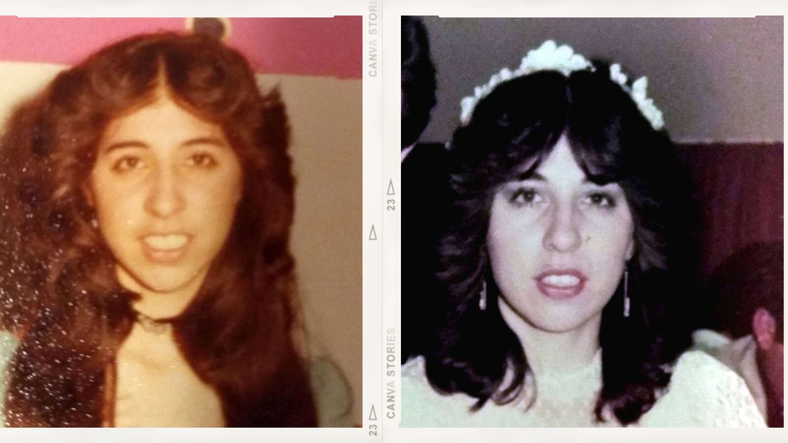 Alejandra Córdoba a los 15 y a los 21 años, cuando se casó.