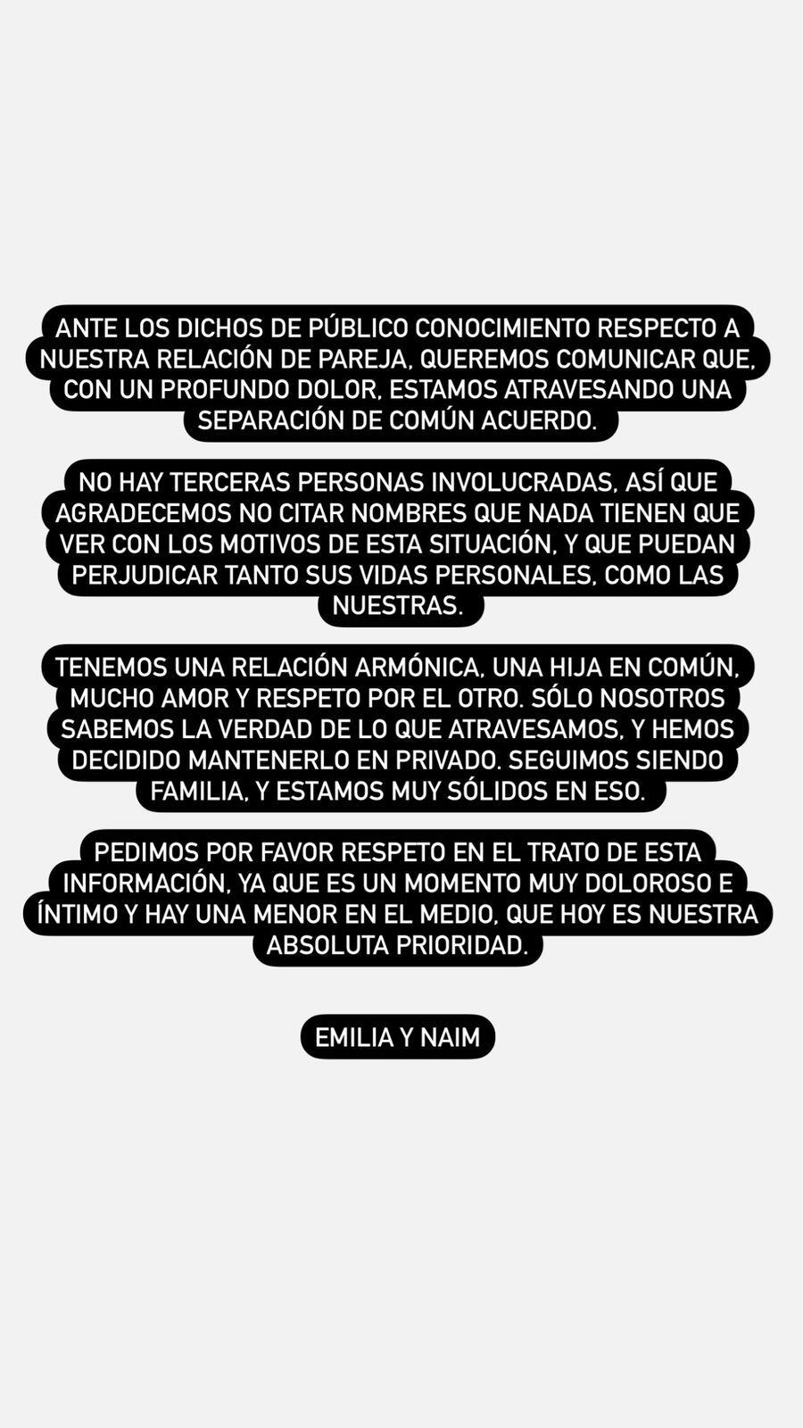 El comunicado de Emilia Attias y del Turco Naim.