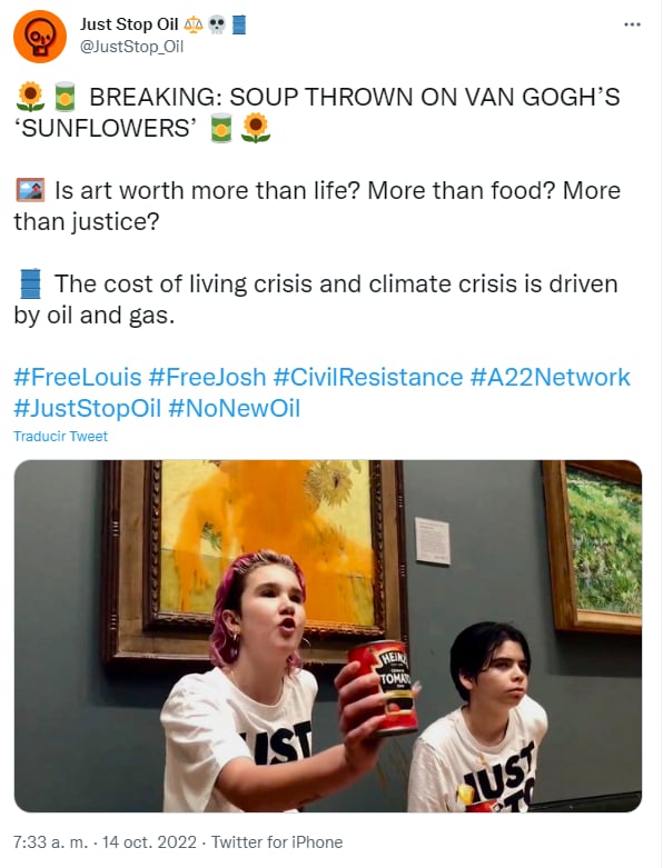 Escena tras el suceso compartida en redes por la organización.Just Stop Oil