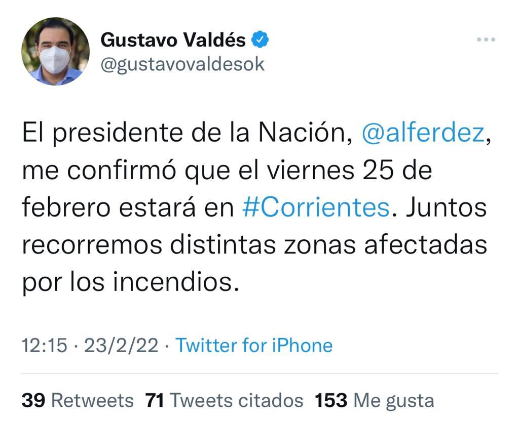 Valdés confirmó que el presidente Alberto Fernández recorrerá las zonas afectadas por los incendios el próximo viernes