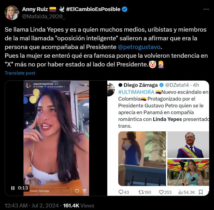 Uno de los tantos posteos que tanto se viralizó sobre Petro y donde los usuarios discuten sobre la veracidad del video que lo tiene de protagonista. Captura: X / @Mafalda_2020_