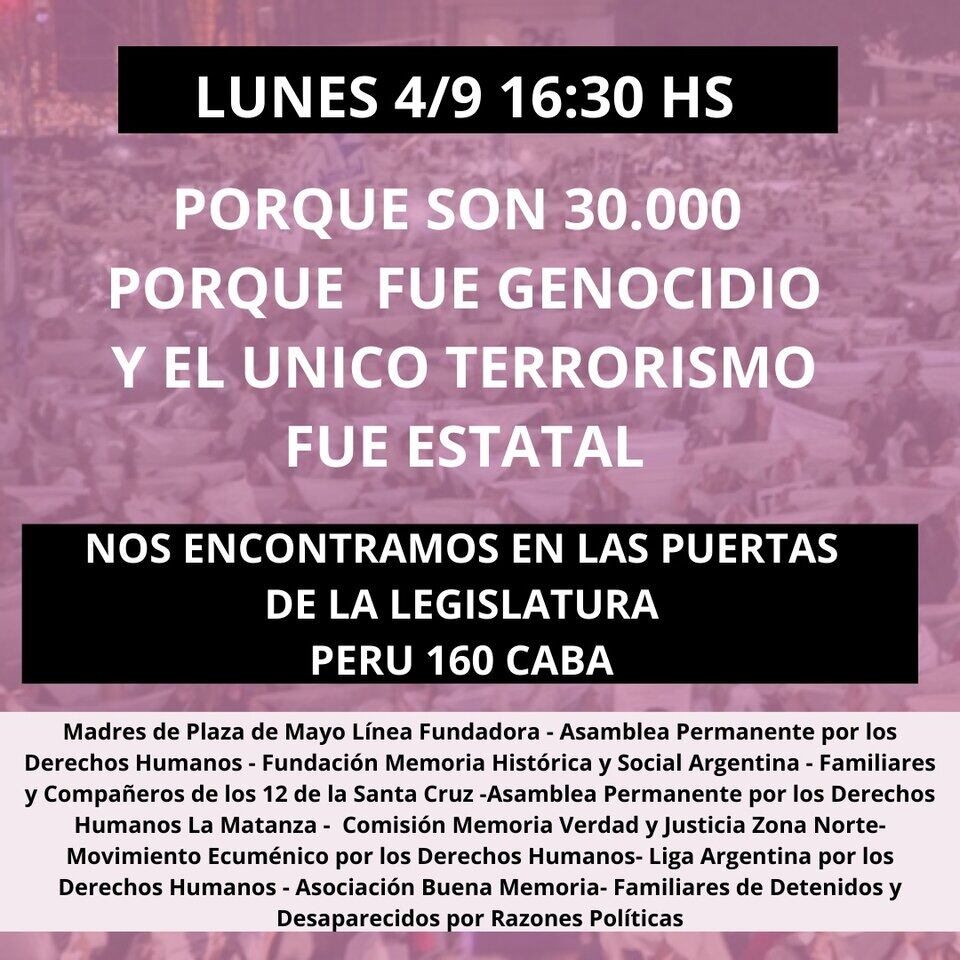 Convocatoria de organismos de Derechos Humanos para este lunes 4 de septiembre. Foto: Gentileza redes.