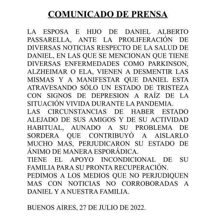 El comunicado de la familia Pasarella sobre el estado de salud del "gran capitán". / Gentileza.