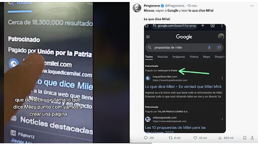 Es verdadero que Unión por la Patria pagó a Google por anuncios sobre el sitio “Loquedicemilei” durante el último debate. Foto: Reverso