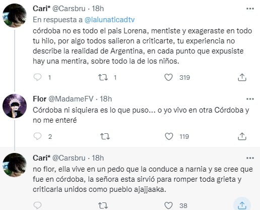 Reacciones en Twitter al hilo de la argentina que vive en España y habla de la inseguridad (Twitter)