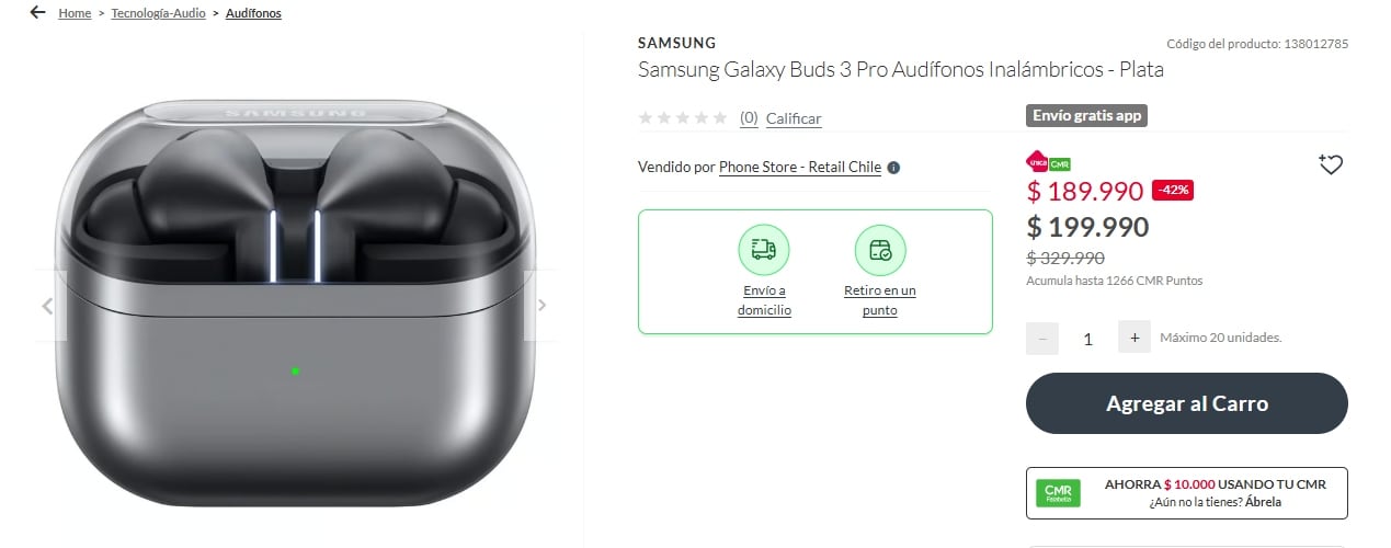 La tienda de Falabella ofrece unos auriculares Samsung Galaxy Buds 3 Pro a un precio promocional de $189.990 chilenos.