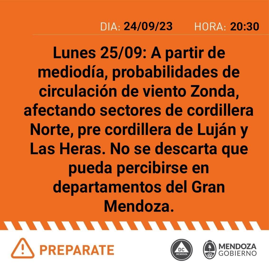 Alerta naranja por viento zonda.