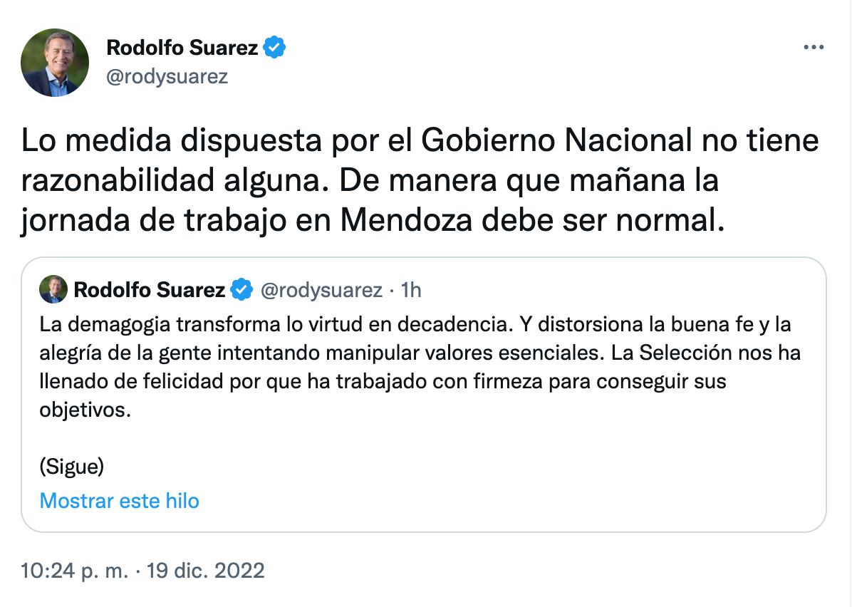 Nueva decisión del gobernador Suarez de no acatar el feriado nacional.