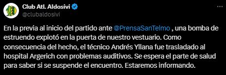 El comunicado de Aldosivi tras la suspensión del partido