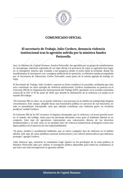 El Gobierno dijo que Sandra Pettovello fue víctima de “violencia institucional y agresiones”