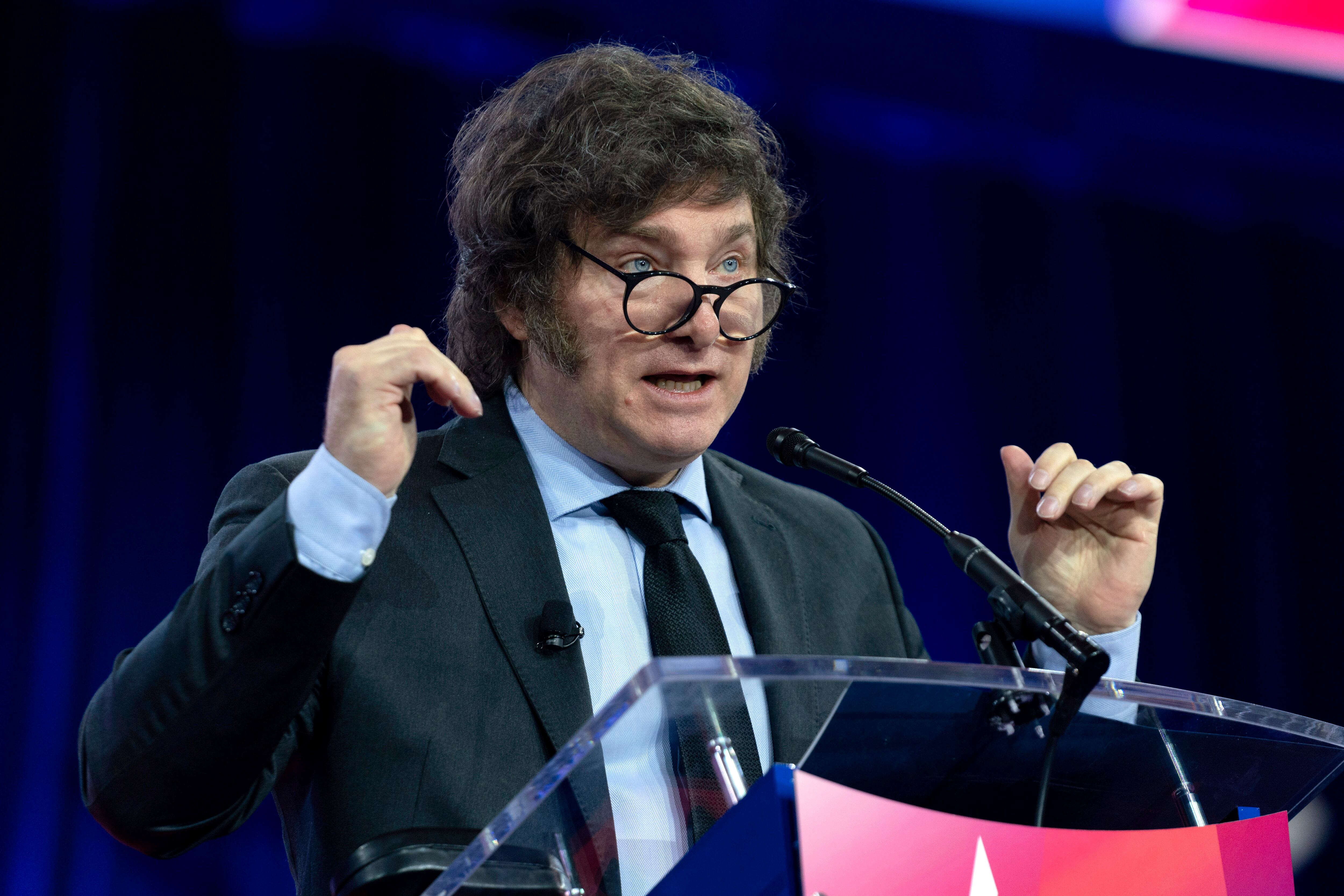 El presidente argentino Javier Milei habla en la Conferencia de Acción Política Conservadora, CPAC 2024, en National Harbor, Oxon Hill, Maryland., el sábado 24 de febrero de 2024. (AP Foto/Jose Luis Magana)