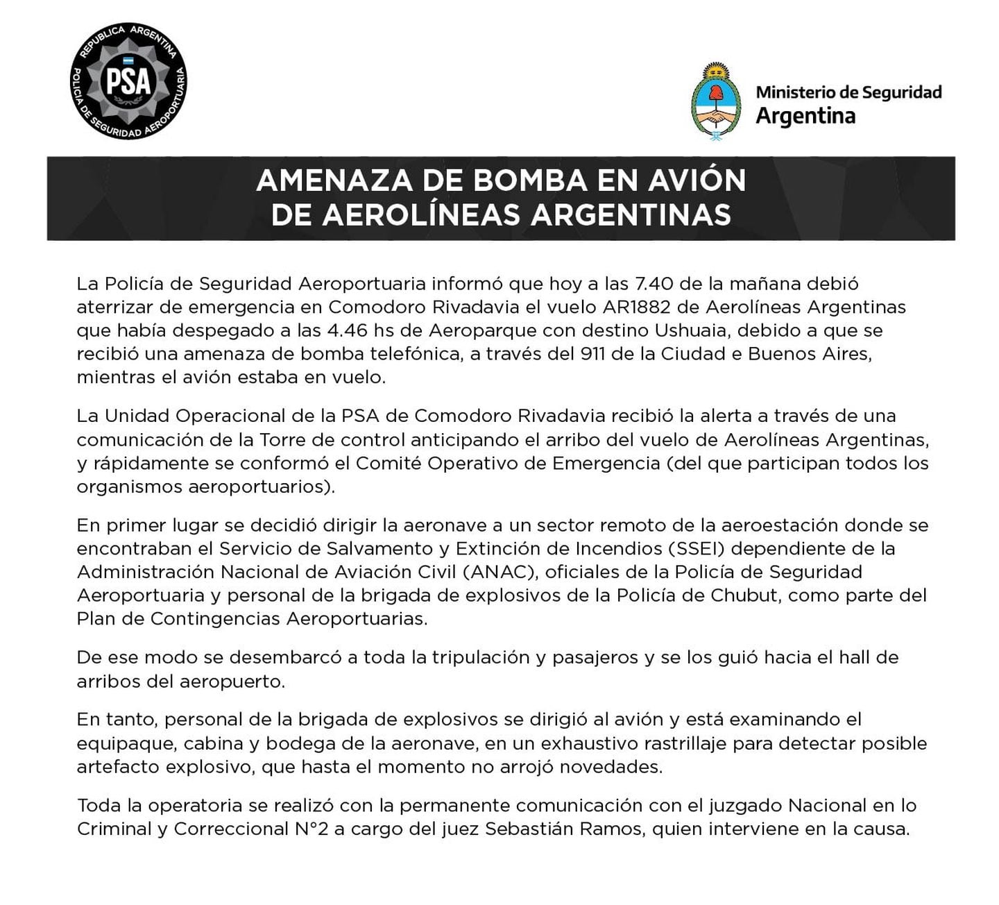 El comunicado de la Policía de Seguridad Aeroportuaria.