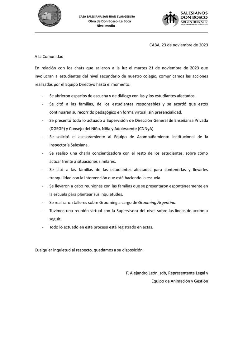 El comunciado que presentó el colegio luego de los hechos. Gentileza: La Nación.