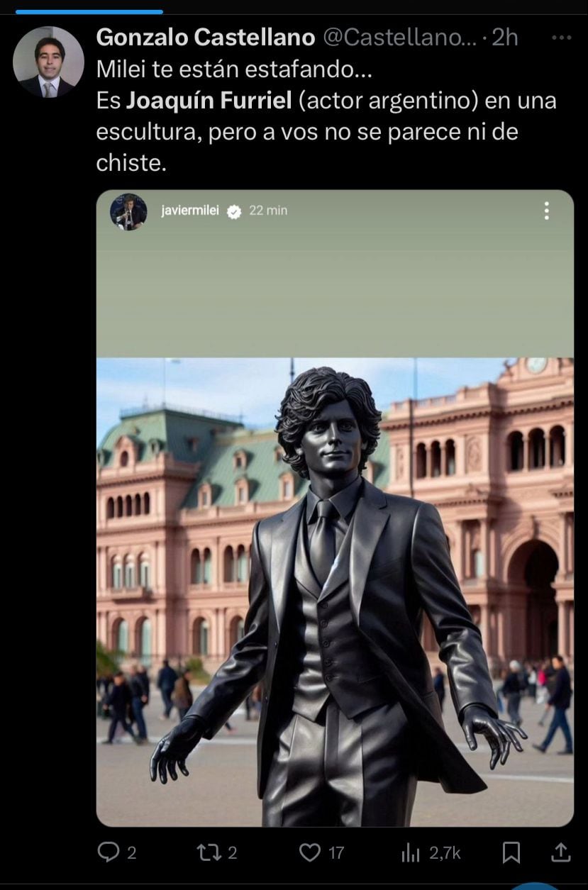 La supuesta estatua de Javier Milei que se parece más a Joaquín Furriel.