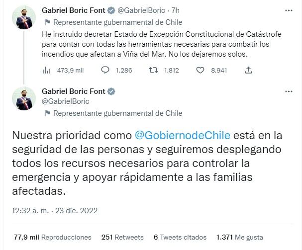 Gabriel Boric decretó el estado de excepción para combatir los incendios en Viña del Mar, Chile (Twitter)