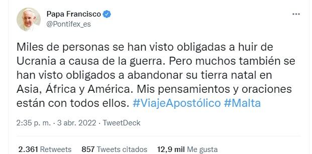 El polémico tuit del papa Francisco (Twitter)