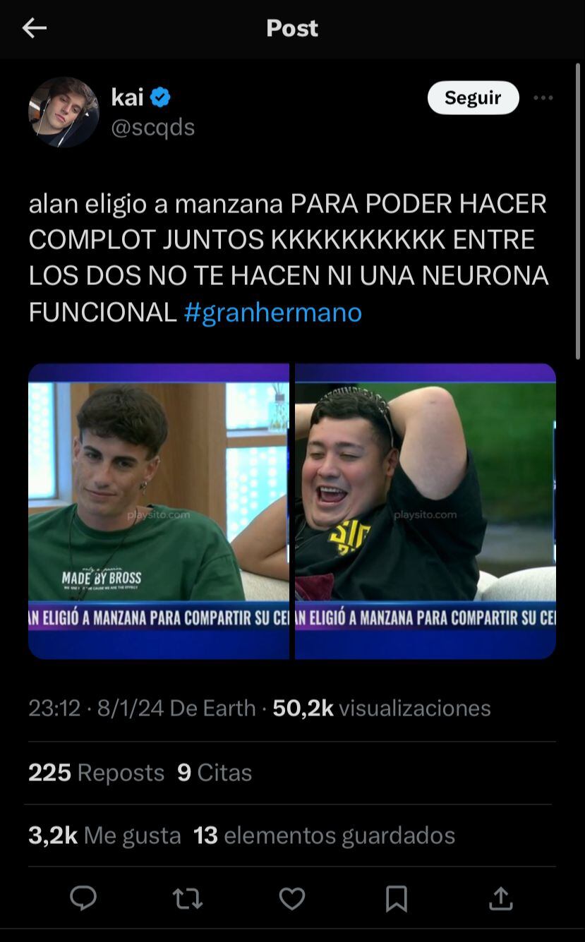 Alan, el blanco de memes por elegir a Manzana para una noche romántica en Gran Hermano. Captura de pantalla.