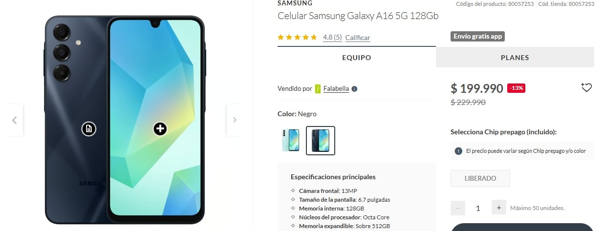 La tienda de Falabella ofrece un Celular Samsung Galaxy A16 128GB a un precio promocional de $199.990 chilenos.