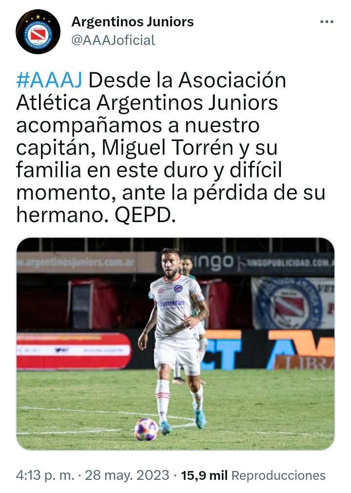 Miguel Torrén perdió a su hermano José Sixto, asesinado en Rosario. Argentinos Juniors se solidarizó con el futbolista y su familia luego del crimen.