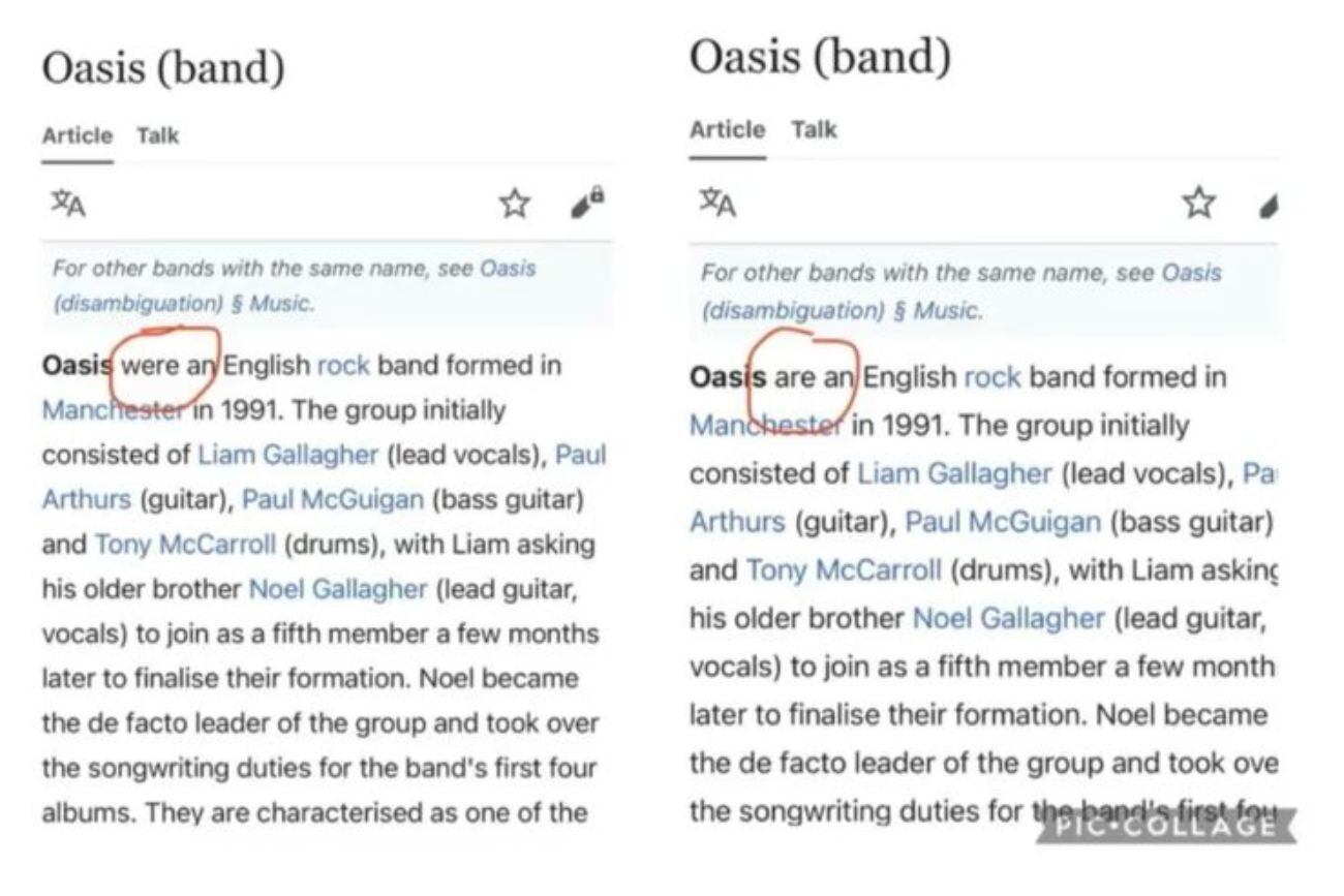 El contundente cambio en la Wikipedia de Oasis. Captura de Wikipedia.